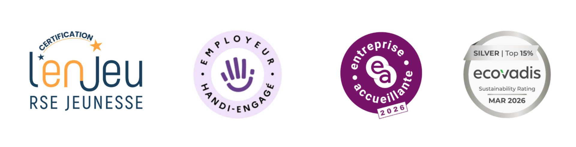 Génération est certifiée enjeu RSE Jeunesse, reconnu employeur handi-engagé, labellisé Entreprise accueillante et médaille d'argent Ecovadis. © Direction Communication - Génération 